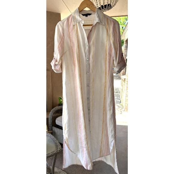 Charlie Dresses & Skirts - Shirt Dress Women's XS 100% Linen Long Roll Tab Sleeve Button Front Striped